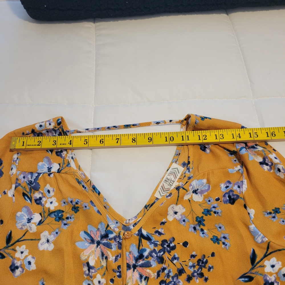 Pink Rose Mustard Floral Button-Front Tie-Hem Blouse - Picture 6 of 9